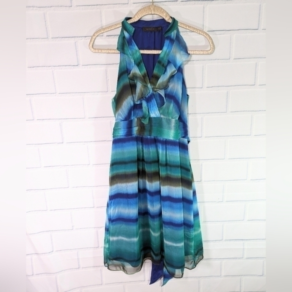 Limited  Blue/Green Watercolor Silk-Look Ruffle Front Sleeveless Dress